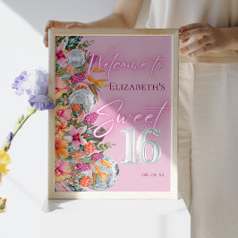 Poster Tropical Flowers Pink Neon Glow Sweet 16 Welcome