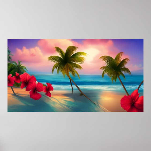 Poster Tropical hibiscus Beach moonlight ocean palms  (Frente)