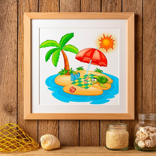 Poster Tropical Island Beach Turtle Palm Tree Picnic (Criador carregado)