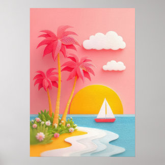 Poster tropical island scene with palm trees, sailboat