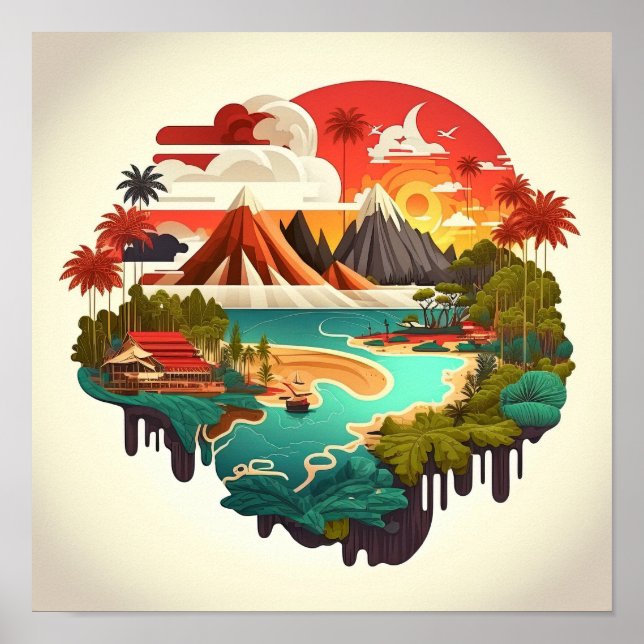 Poster Tropical island sea with volcanoes (Frente)