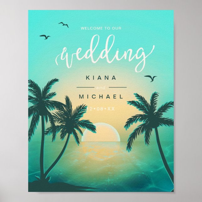 Poster Tropical Isle Sunrise Wedding Welcome Teal ID581 (Frente)