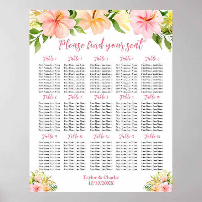 Poster Tropical Jungle Wedding 15 Tables Seating Chart (Frente)