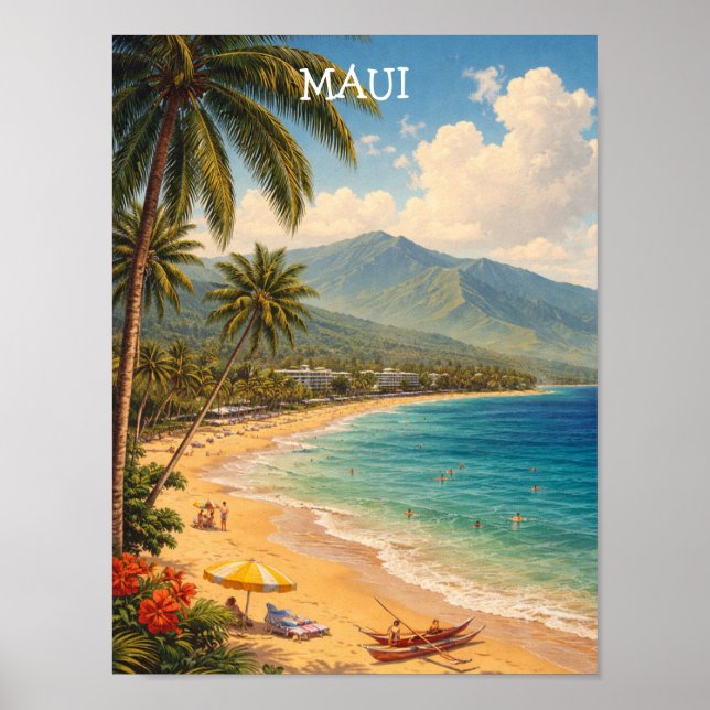 Poster Tropical Ka’anapali Beach Maui Vintage Travel (Frente)