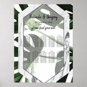Poster Tropical Monstera Marble Wedding Seating Chart