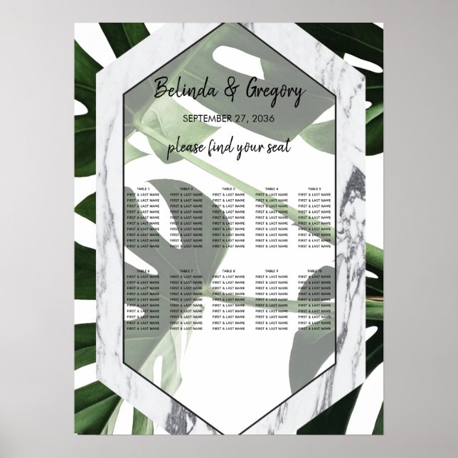 Poster Tropical Monstera Marble Wedding Seating Chart (Frente)