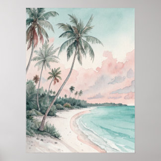 Poster Tropical Palm Beach Watercolor