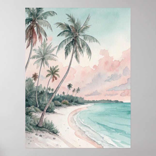 Poster Tropical Palm Beach Watercolor (Frente)