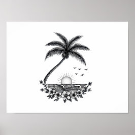Poster Tropical Palm Sunset – Minimalist Beach Line Art 