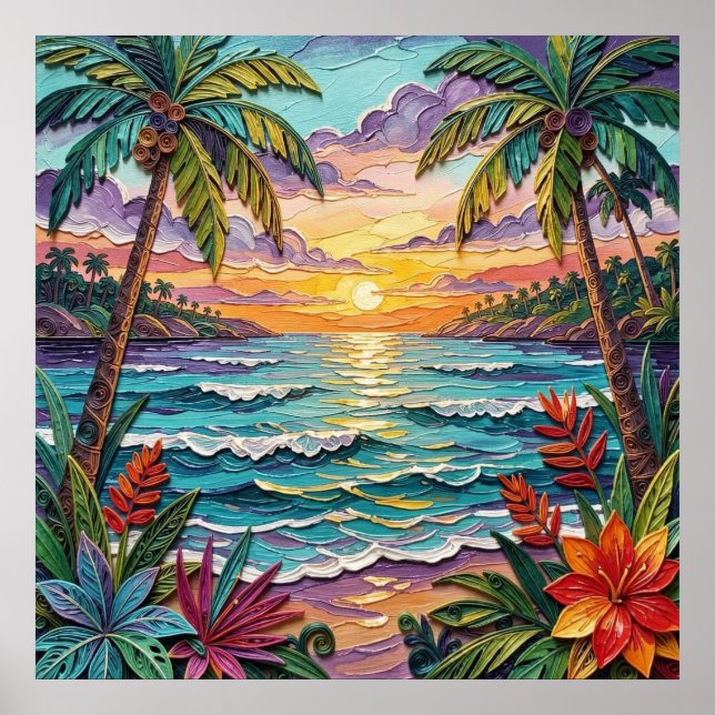 Poster Tropical Paradise | Coastal Beach Scene Impasto (Frente)