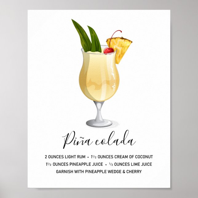 Poster Tropical Piña Colada Cocktail Recipe Art (Frente)