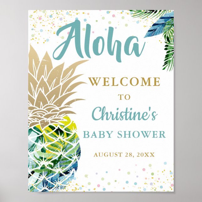Poster Tropical Pineapple Beach Baby Shower Welcome Sign (Frente)