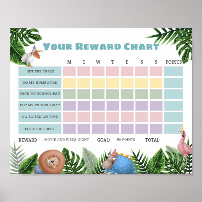 Poster Tropical Safari Animals Reward Chore Chart (Frente)