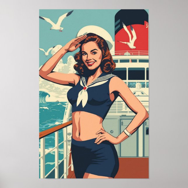 Poster Tropical Sailor Pin-Up Girl – Retro 1950s Cruise  (Frente)