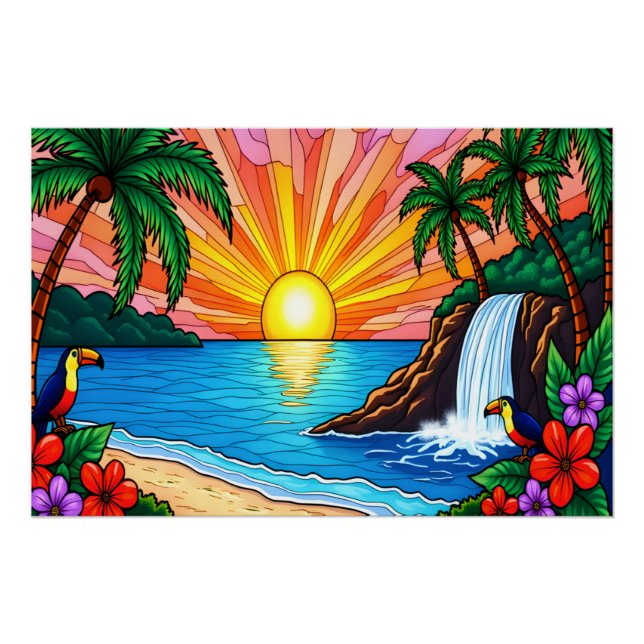 Pôster Tropical Stained Glass Sunset Poster (Frente)