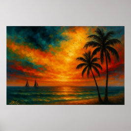 Poster Tropical Sunset with Sailboats