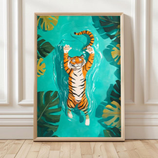 Poster Tropical Tiger Swimming in River Bathroom Print