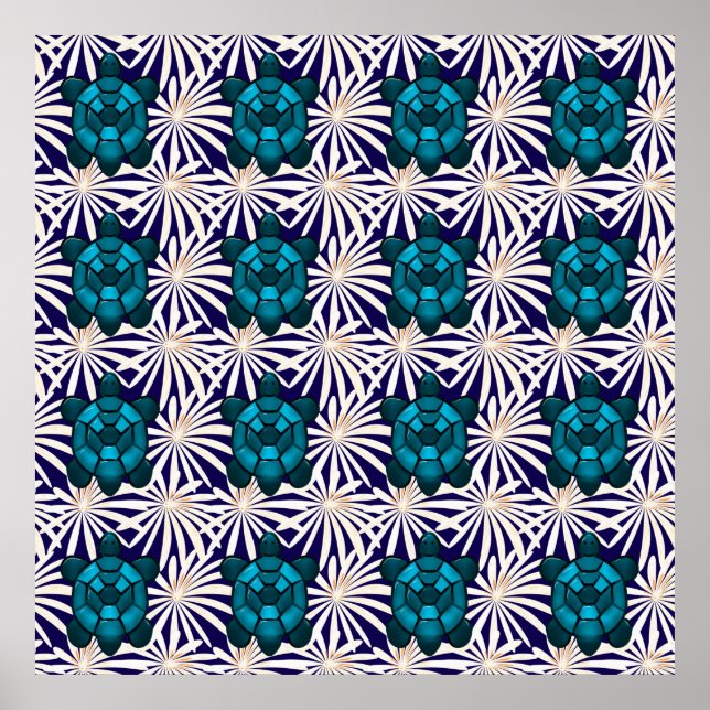Poster Tropical Turtle Floral Pattern Seamless Sea Turtle (Frente)