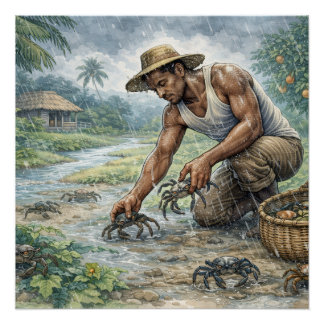 Pôster Tropical Village Life: Man Catching Crabs in Rain