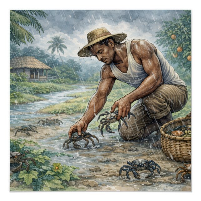 Pôster Tropical Village Life: Man Catching Crabs in Rain (Frente)