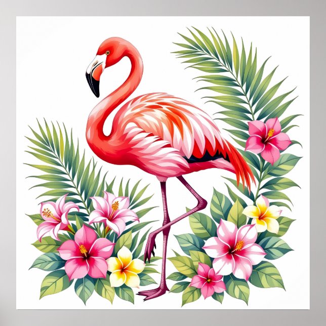 Poster Tropical Watercolor Pink Flamingo Floral Hawaiian (Frente)