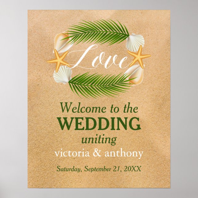 Poster Tropical Wreath Sandy Beach Wedding Welcome (Frente)