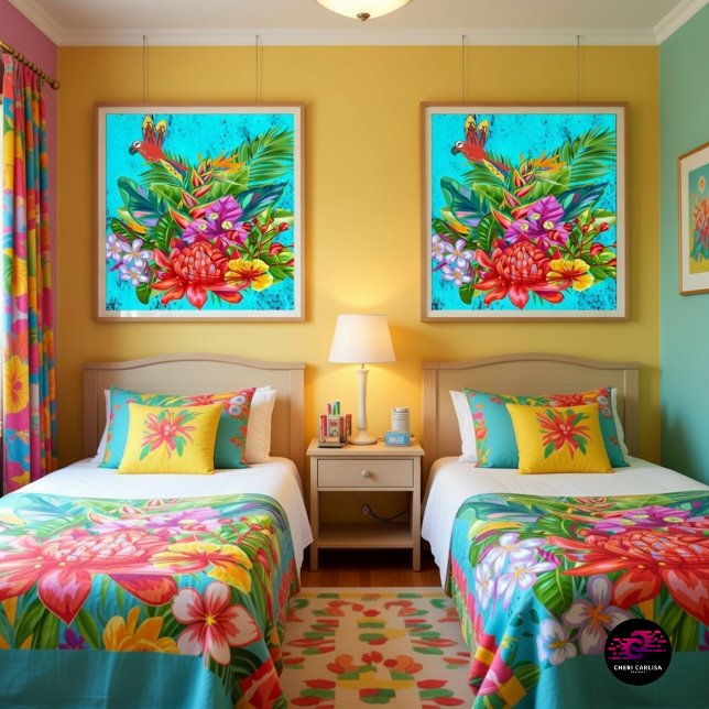 Pôster TropiColor Fusion Macaw & Floral Serenade (Vibrant tropical art that brings the room to life.)