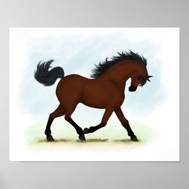 Poster Trotting Bay Horse Equestrian Pony (Frente)