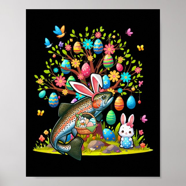 Poster Trout Fish Bunny Easter Eggs Cute Tree Costume Hun (Frente)