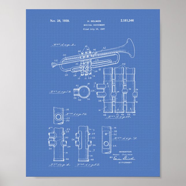 Pôster Trumpet 1939 Patent Art Blueprint (Frente)