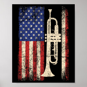 Poster Trumpet Eua American Flag Shirt Jazz Music Vintage