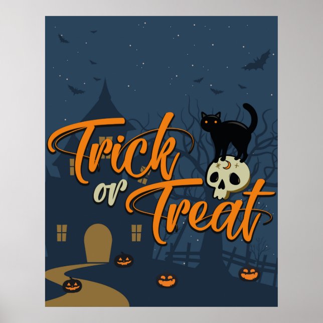 Poster Truque de Halloween ou Tratar Gato Negro e Crânio (Frente)