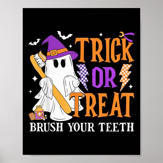 Poster Truque Ou Tratar Escove Seus Dentes Cute Ghost Hal (Frente)