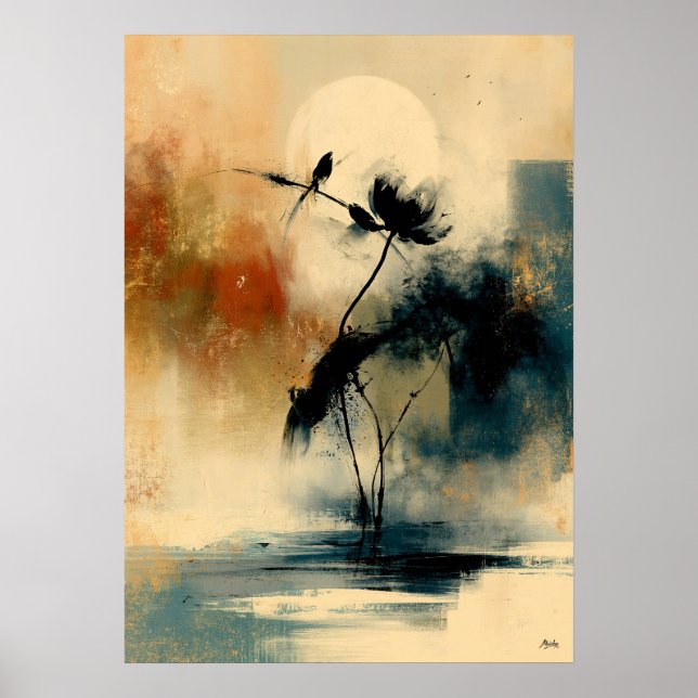 Poster Tsubaki da Lua Sumi-E Japonês Camélia Abstrata Par (Frente)