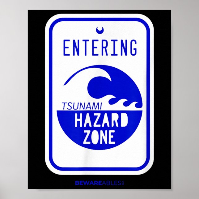 Poster Tsunami Hazami Zone Road Sign Funny Beach And Shor (Frente)