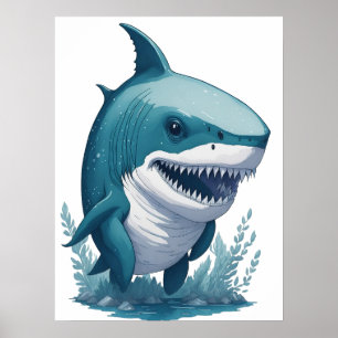 Poster Tubarão Chibi Kawaii em Estilo de Aquarela