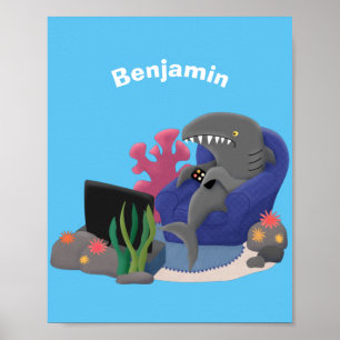 Poster Tubarão engraçado assistindo desenhos animados na