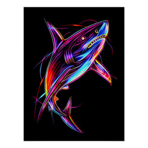 Pôster Tubarão Neon Vibrante Oceano Digital Moderno