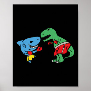 Poster Tubarão Punindo T-rex Dinossauro Engraçado Luta Bo