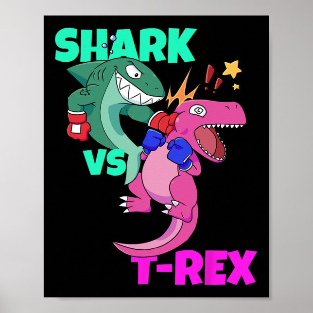 Poster Tubarão Vs Dinossauro T Rex Luvas Para Crianças Ra (Frente)