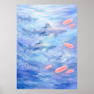Poster Tubarões-de-ponta-branca Oceânicos Arte em Aquarel
