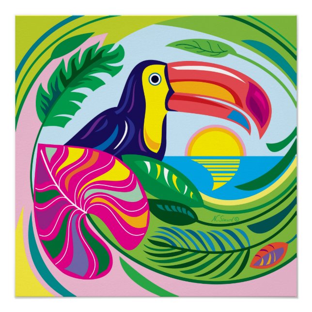 Pôster Tucano e Folhas Tropicais (Frente)