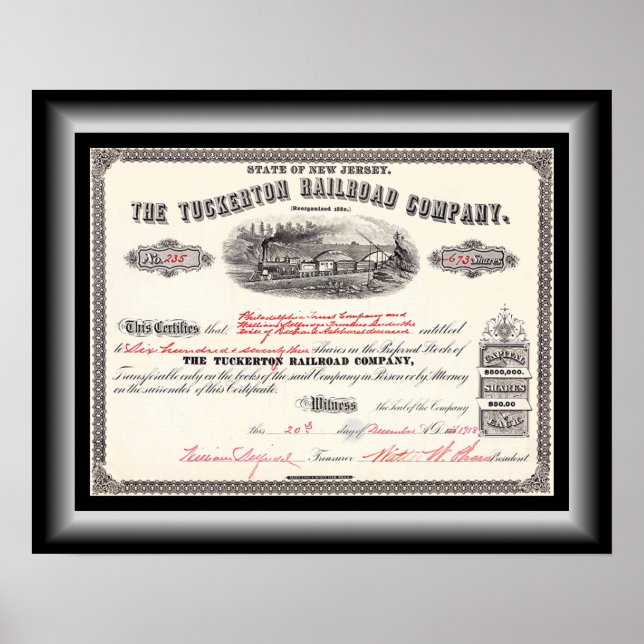 Poster Tuckerton Railroad Company Stock Certificate 1918~ (Frente)
