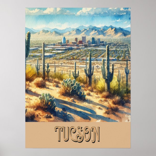 Poster Tucson e Saguaro Watercolor (Frente)