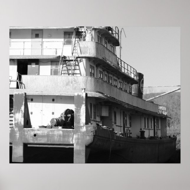 Poster Tugboat preto e branco antigo na Grass 16x20 (Frente)