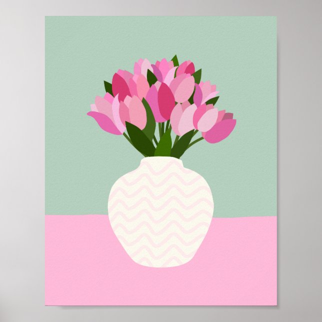 Poster Tulip Disjunção Floral Vase Rosa E Verde (Frente)
