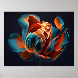Poster Tulipa Azul e Laranja num Fundo Preto Negrito Negr