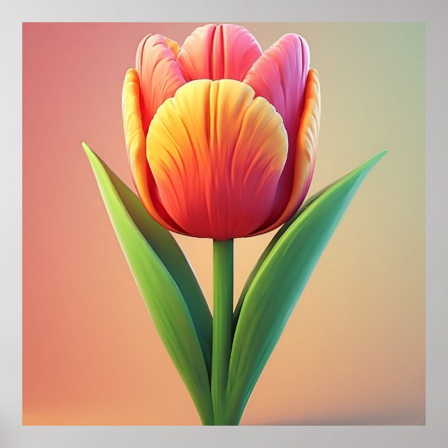 Poster Tulipa Colorida em Flor com Folhas Verdes (Frente)