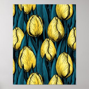 Poster Tulipas amarelas com folhas azuis