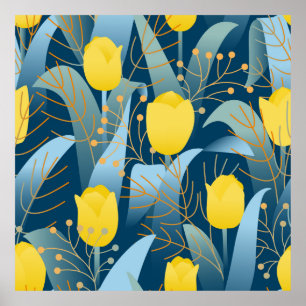 Poster Tulipas amarelas de padrão constante no fundo azul